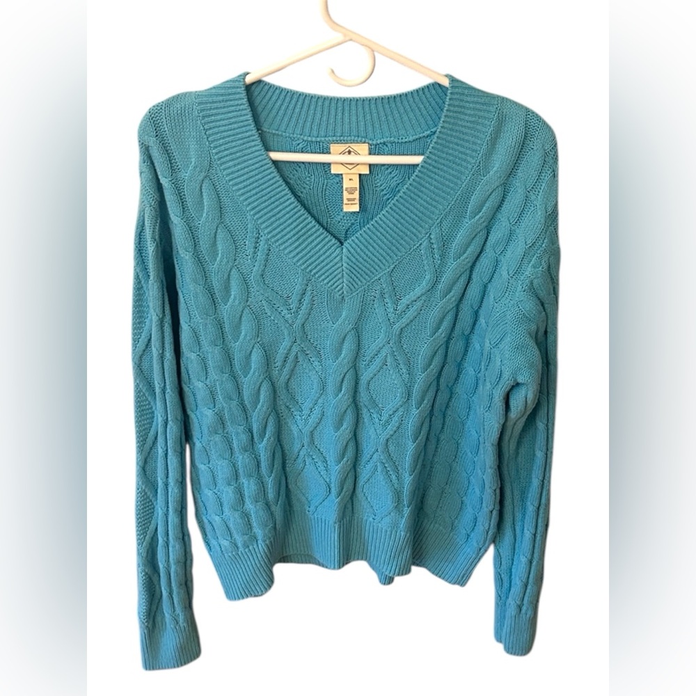 St. John’s Bay Sweater Cable Knit Ribbed Trim V Neck Blue Longsleeve Women’s XL